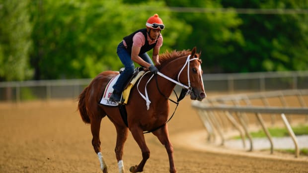 Kentucky Derby winner Mage works out ahead of the Preakness Stakes.